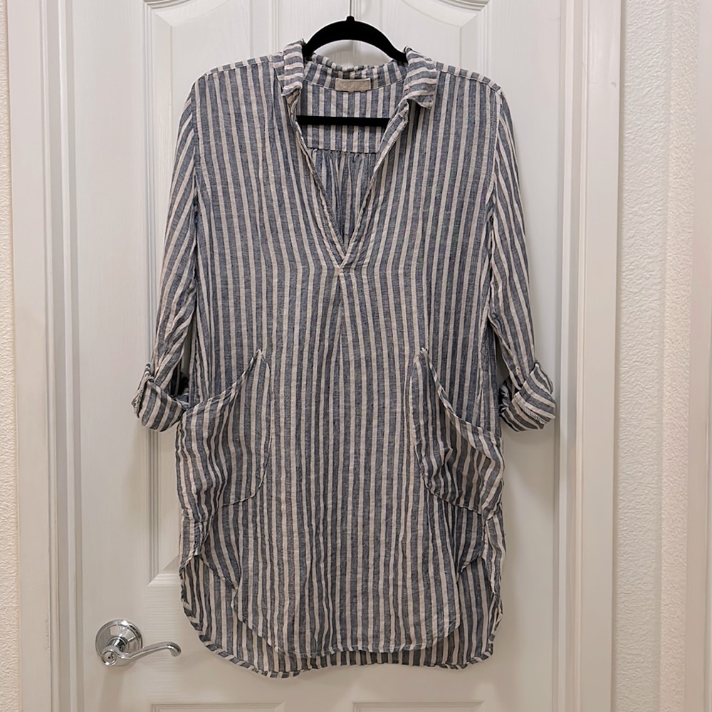 CP Shades x Mikinola Linen Teton Tunic Stripe Shirt Dress